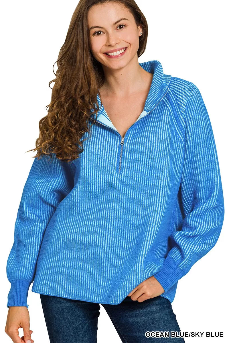 Zenana Womens Sweater Sly Blue Ribbed Two Tone Half Zip Top 0261c321e4be4b84be9aa2216d7440bd-Max-Origin Trendsi
