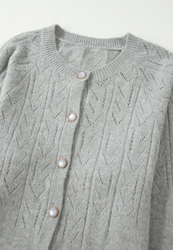 Gray Cardigan Woolen Blend Openwork Button Down Long Sleeve Knitwear 02641708-f0ba-49b1-b22b-d9270643dc69-Max Trendsi