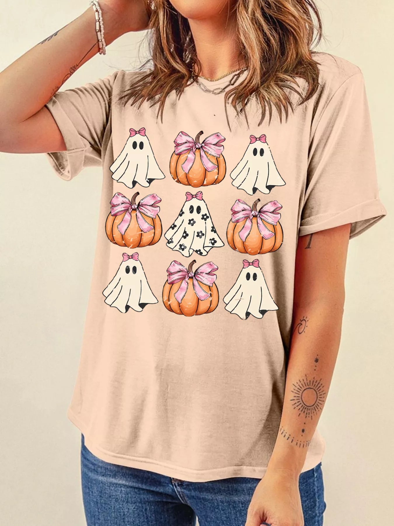 Halloween Women's T Shirt Bowknot Ghost Pumpkin Graphic Top Tee 0264e651b642441eb2a79129df2b6741-Max-Origin Trendsi