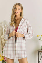 ADORA Plaid Shirt Mauve Oversized Roll Tab Sleeves Cotton Top 026602a4151c45d18f5113327f9954c0-Max-Origin Trendsi