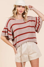 Mittoshop Striped Knit Top Flounce Sleeve Short Sleeve Blouse Mocha Rust 0272489a-638c-4814-abf4-c0126ff6017e-Min Trendsi