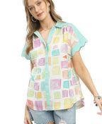 Umgee Mixed Media Print Button-Front Collared Top