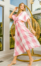 BiBi Checkered Midi Dress Pink Front Tied Puff Short Sleeve with Cut Out Detail 0283b7fa-ccc3-44b9-a1cd-88df7a095c88-Max-Origin Trendsi