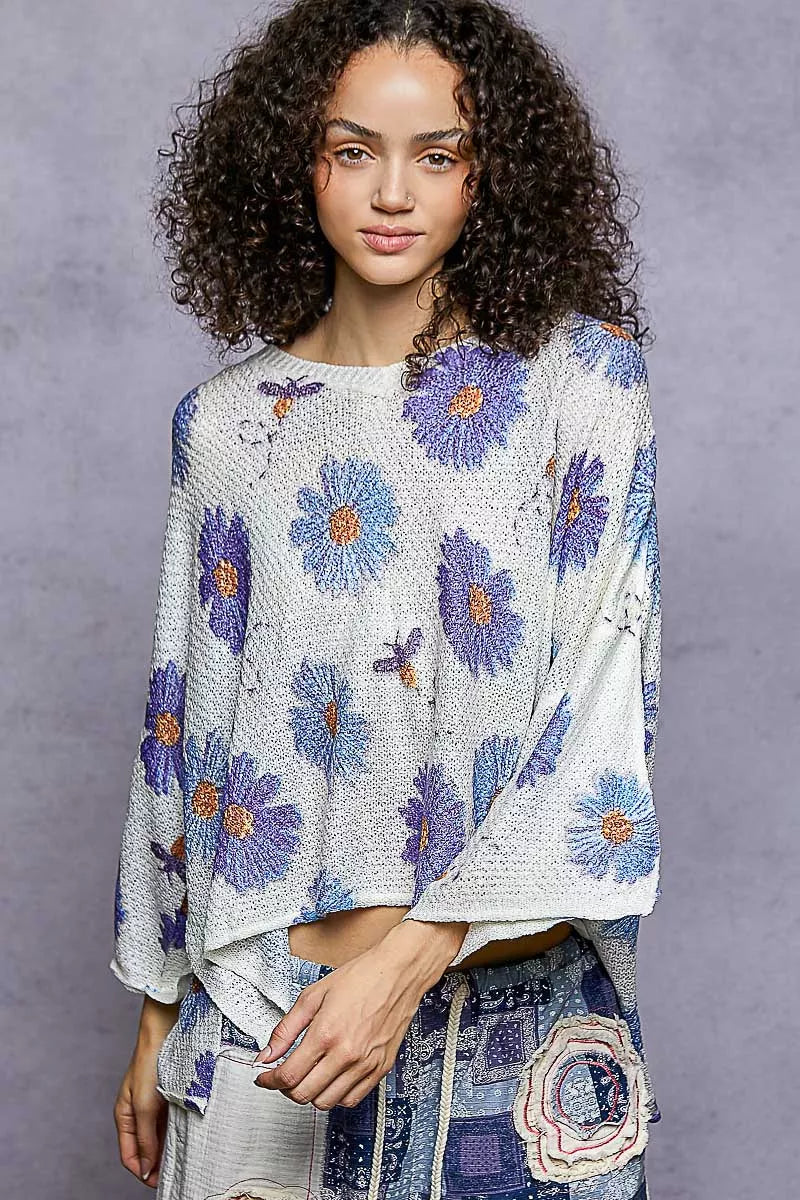POL Floral Sweater Ivory Blue Round Neck Rolling Edge Knit Top IVORY 028cc5bc-7bd9-4ccb-9a1e-0dd690c68a59-Max-Origin Trendsi