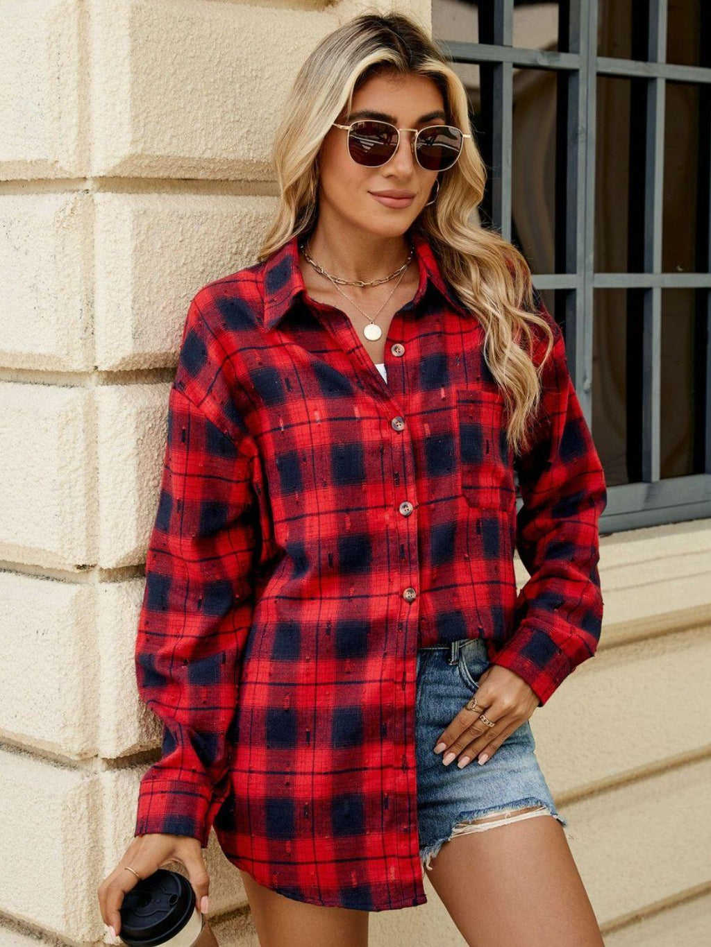 Plaid Shirt Button Up Long Sleeve Blouse 0294ee70-2677-41e4-ade7-cb7e255d21c7-Max Trendsi
