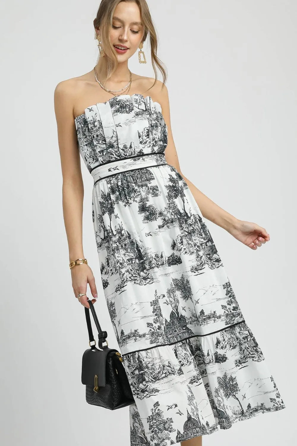 Umgee Midi Dress Black Landscape Printed Tiered Tube Smocked 02a2f249-58ff-4981-8f29-56dbdc59417a-Max-Origin Trendsi