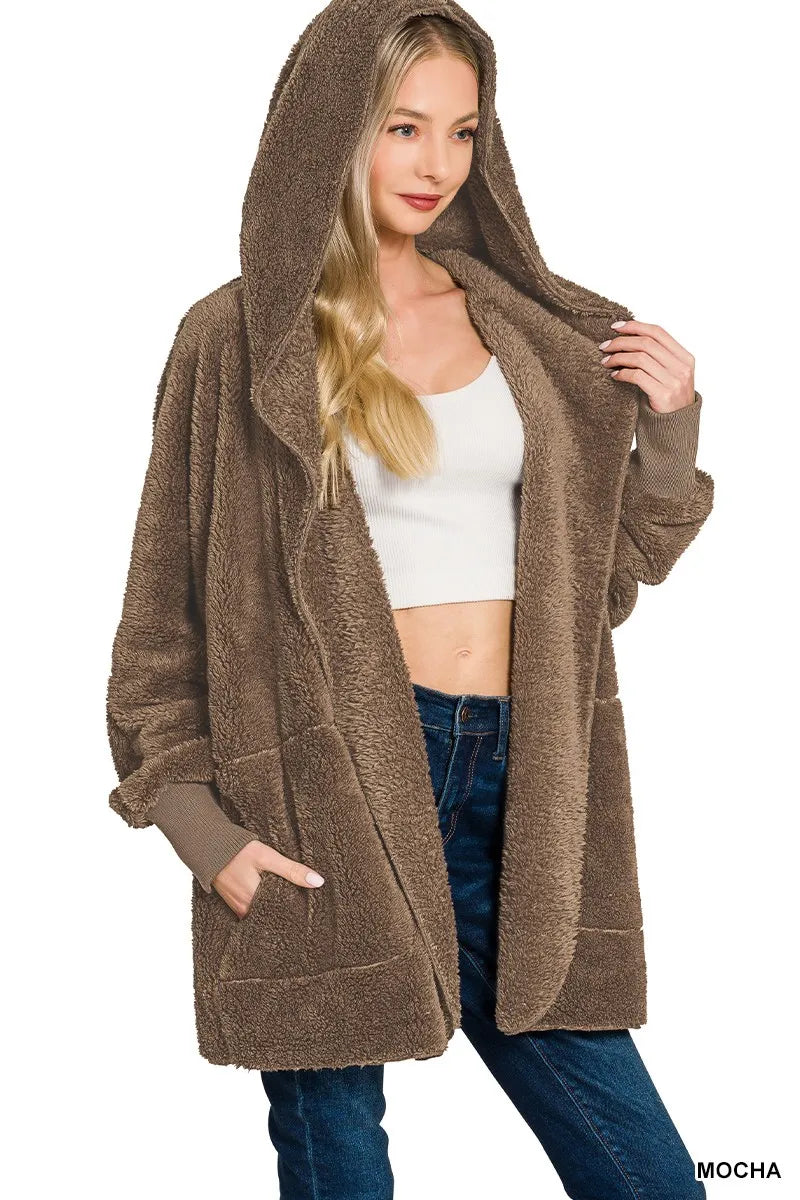 Zenana Women's Faux Fur Jacket Hooded Mocha Open Front with Pockets Parka MOCHA 02a6d68eb40b4046aed2dcad490485b7-Max-Origin Trendsi