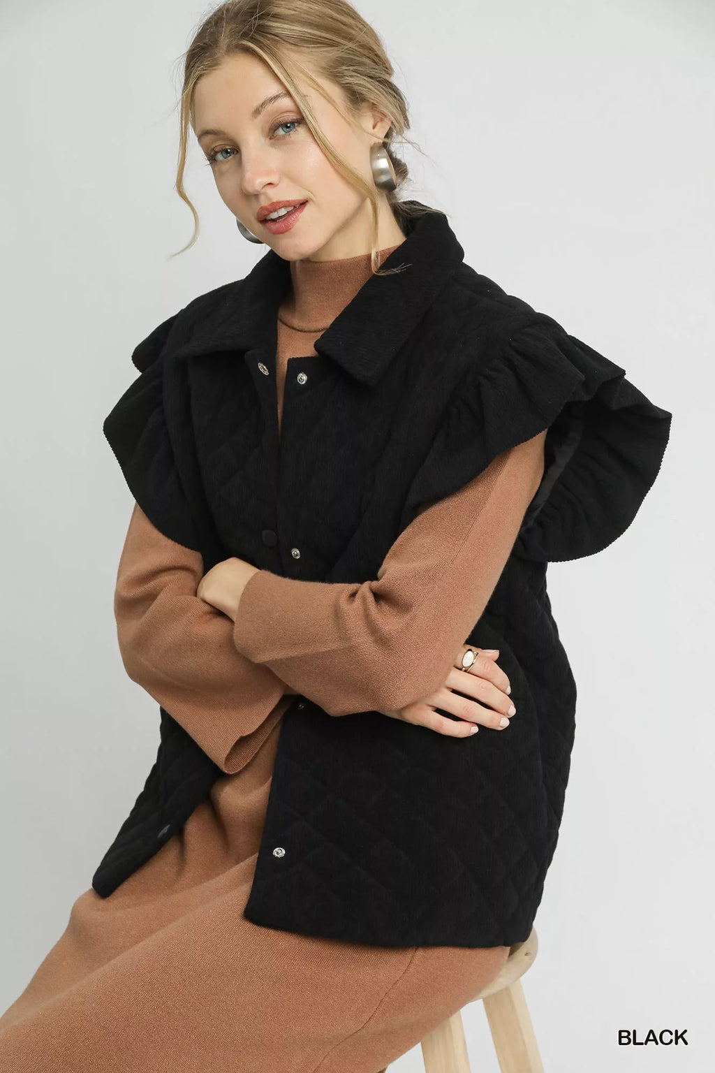 Umgee Womens Vest Corduroy Quilted Black Ruffle Short Sleeve Outwear 02a6f416-4475-4d35-9b2b-d22bf1803cd3-Max-Origin Trendsi