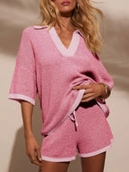 Sweater Set Women's Collared Neck Contrast Striped Top and Shorts 2 Pcs Pink 02a82e42-f1a1-4e71-b29a-606e50cb47c1-Max-Origin Trendsi