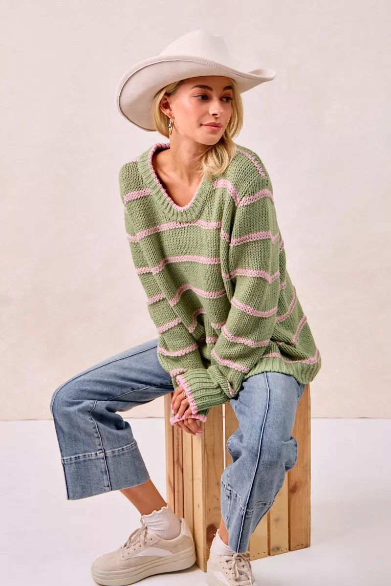 BiBi Womens Sweater Striped Sage Green Long Sleeve Oversized Pullover 02af776fe3b447318a8cac7b9b3f185d-Max-Origin Trendsi