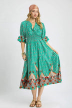 Umgee Midi Dress Turquoise Printed Smocked Waist Flounce Sleeve Ruffled Turquoise 02b32d88-28bb-406e-93ff-0c537c38cdec-Max-Origin Trendsi