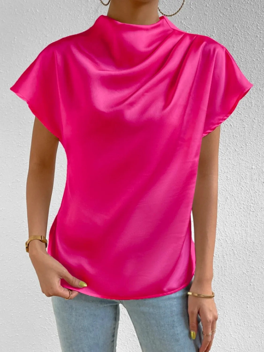 Satin Blouse Mock Neck Pleated Short Sleeve Basic Style Top 02c70c40-3eac-4b99-97e5-56a991590977-Max-Origin Trendsi