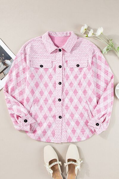 Women's Shacket Pink Geometric Print Textured Flap Pockets Long Sleeve Outwear 02ce4c76-aa6d-4930-9f2c-41ccabcb76b8-Min Trendsi