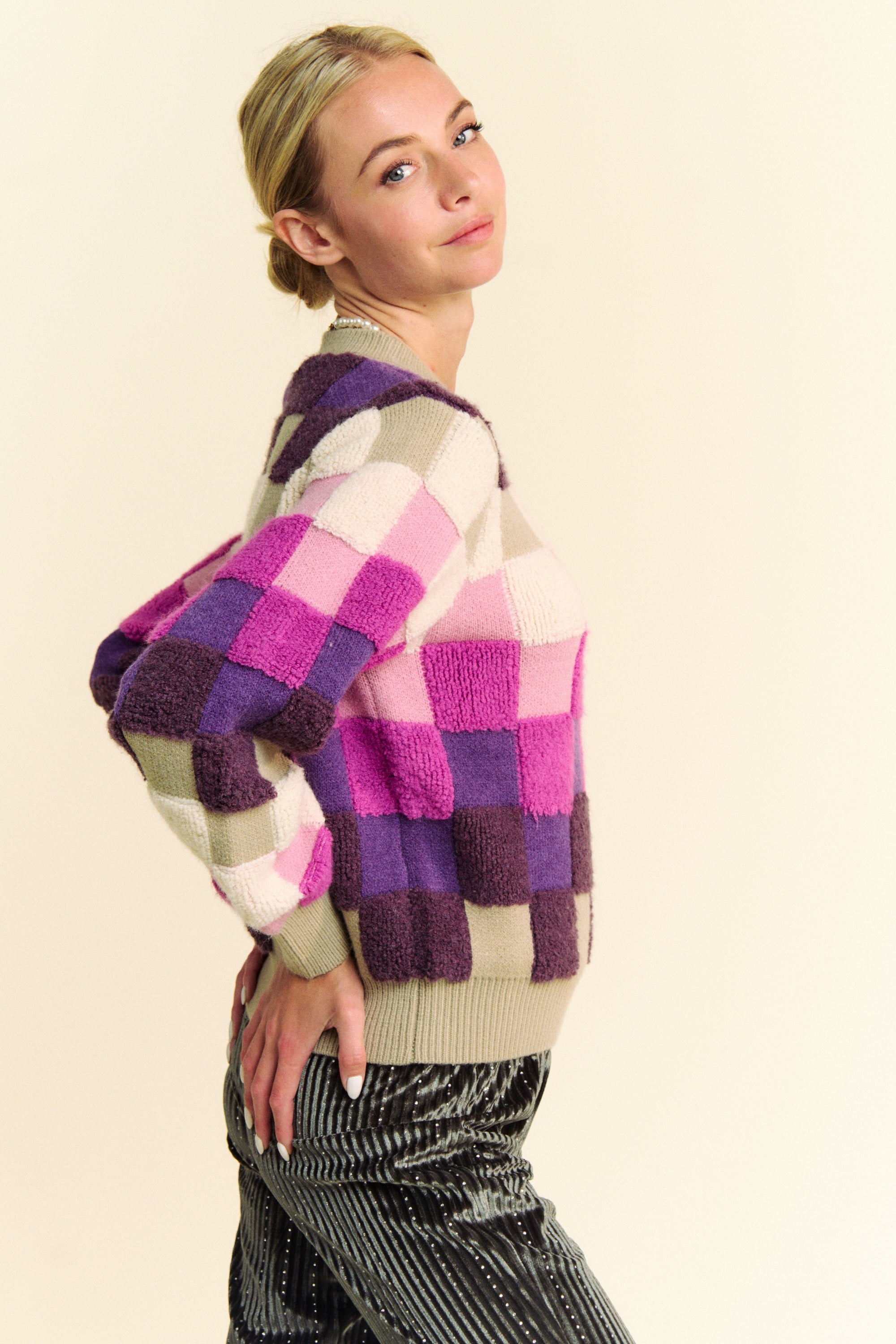 Davi & Dani USA Checkered Knit Sweater Purple Multi Round Neck Long Sleeve 02d3d68a-08c8-48da-9ecb-01f94834c40f-Max Trendsi