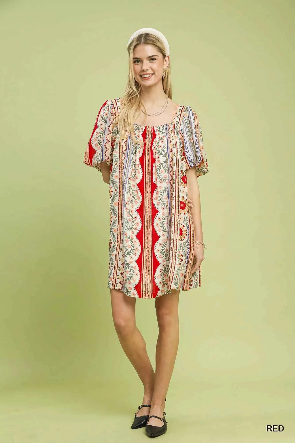 Umgee Mixed Print Puff Sleeve Mini Dress