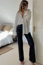 Women's Sequin Shirt Button Up Long Sleeve Sheer Fashionable Blouse 02d8825b-9c18-492c-953a-3c989ea71c4d-Max Trendsi