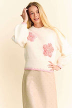 Women Sweater Davi & Dani Flower Patch Fuzzy Mock Neck Ivory Knitwear 02dbcdcf-b6ff-4248-910e-211183b65ff5-Max Trendsi