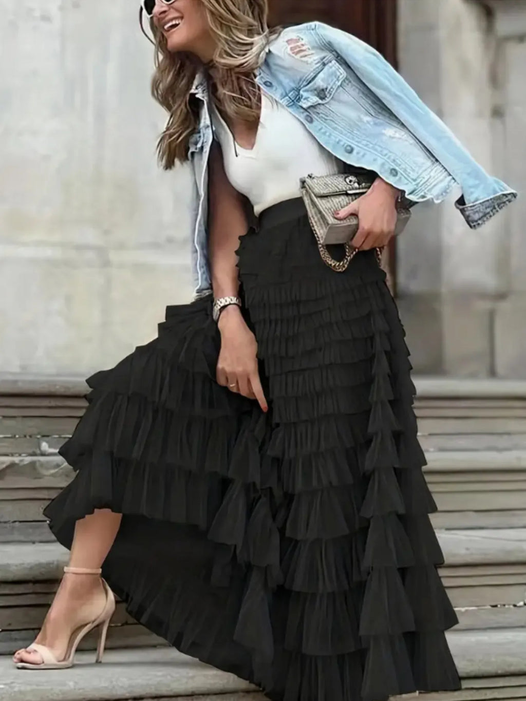 Ruffle Maxi Skirt Layered Mesh Tiered Elastic Waist 02fc3f295c01465aa90c52d37d4e60ff-Max-Origin Trendsi