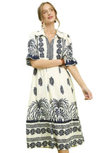 Umgee Border Print Midi Dress with Puff Sleeves