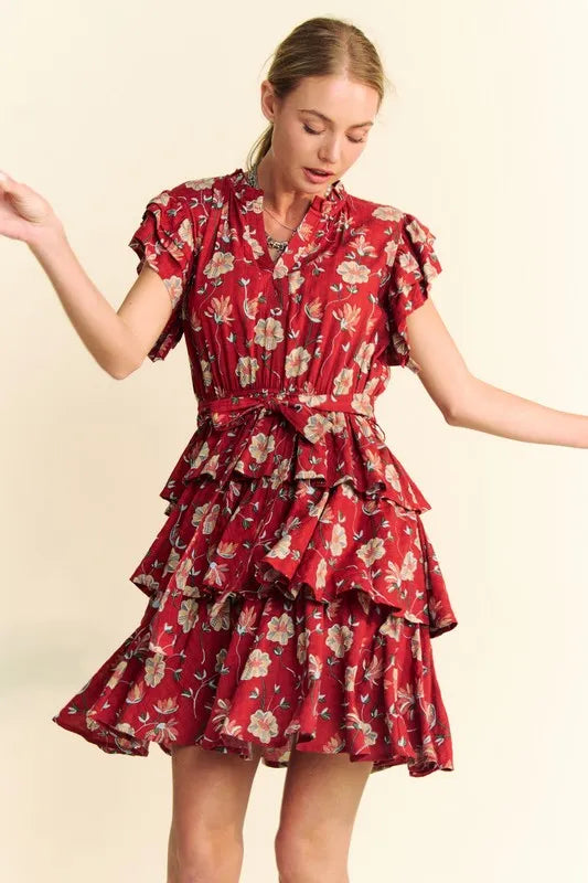 Davi & Dani Ruffle Mini Dress Rust Floral Flutter Short Sleeve Tie Belt Tiered 030816cd60614d0cb7be604d6a338ad1-Max-Origin Trendsi