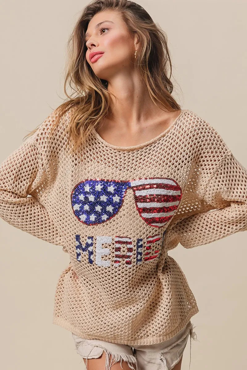 BiBi Knit Top Sequin American Flag Sunglasses Long Sleeve 030f01ac627f495f9ce71a94e7c442f8-Max-Origin Trendsi