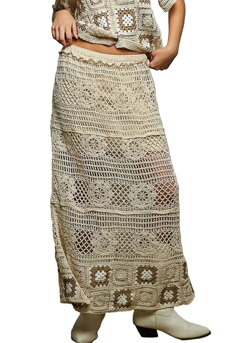 POL Floral Crochet Ruffled Waistband Maxi Skirt with Granny Square Weave