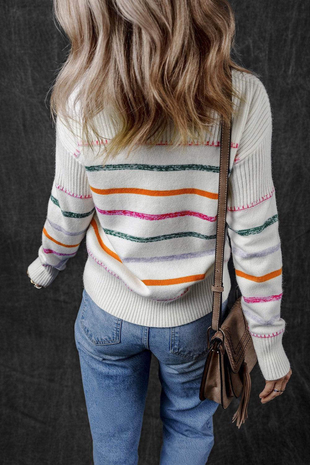 Striped Sweater Colorful Round Neck Dropped Shoulder 030f56eb-78e6-4fac-b2b8-f2e0f3925dd9-Max Trendsi