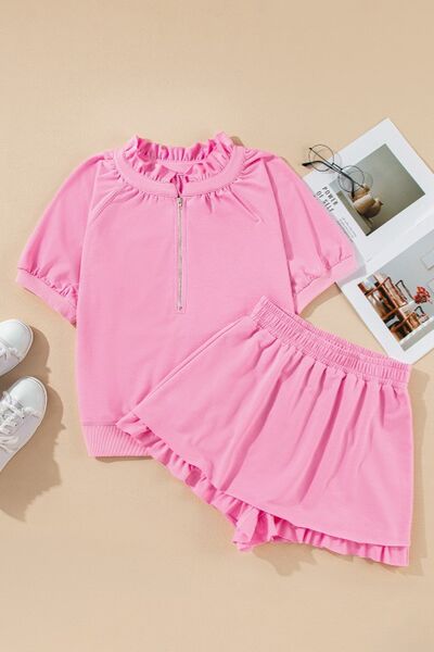 Women's Outfit Set Pink Half Zip Puff Sleeve Top and Ruffled Shorts 2 Pcs 030fb346-8e31-4d8c-9e21-2f6c1c279a3d-Min Trendsi
