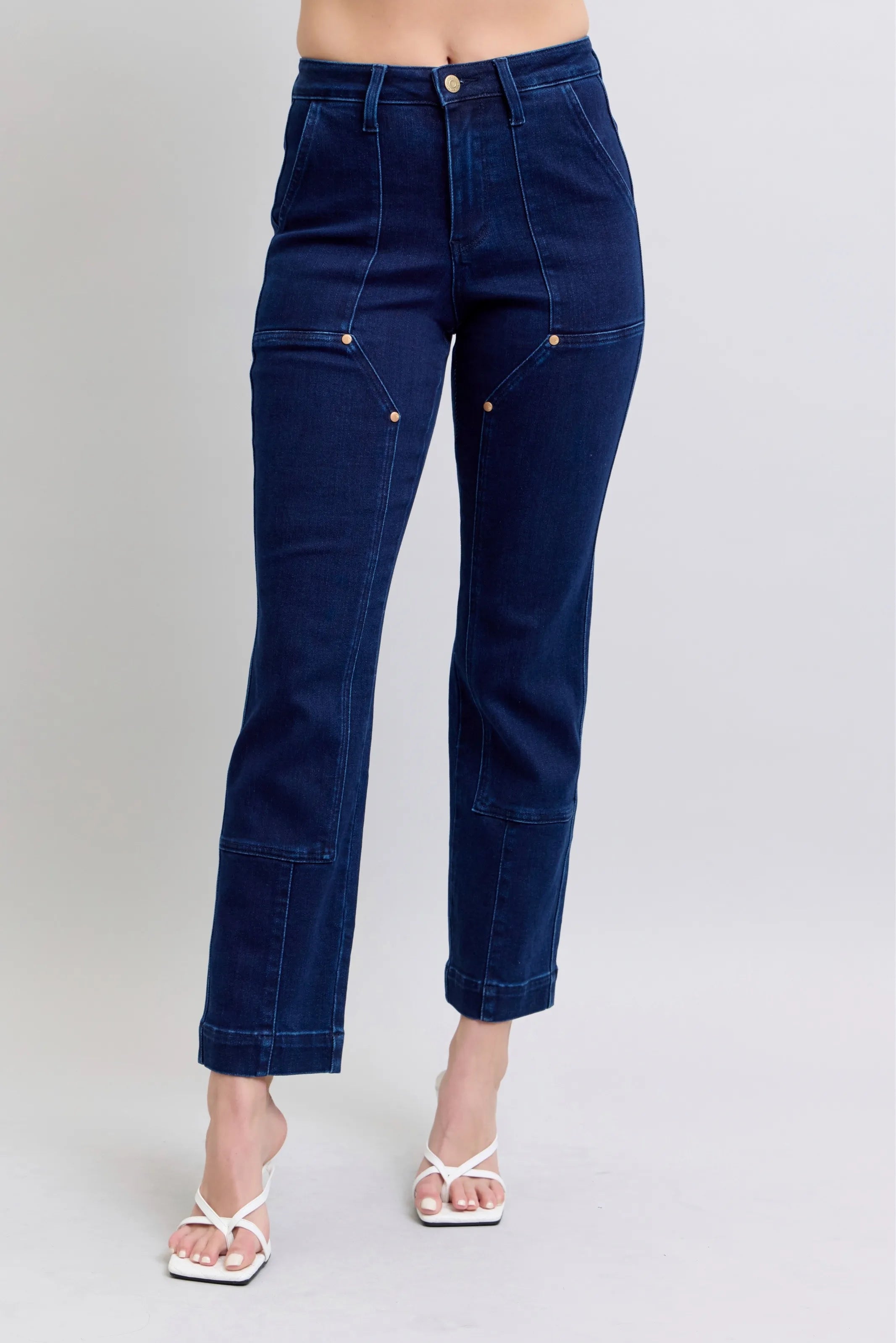 Judy Blue Straight Jeans High Waist Rivet Work Wear Knee Patch Dark Wash DK 031a5194c61d472692cafc89d48348f5-Max-Origin Trendsi