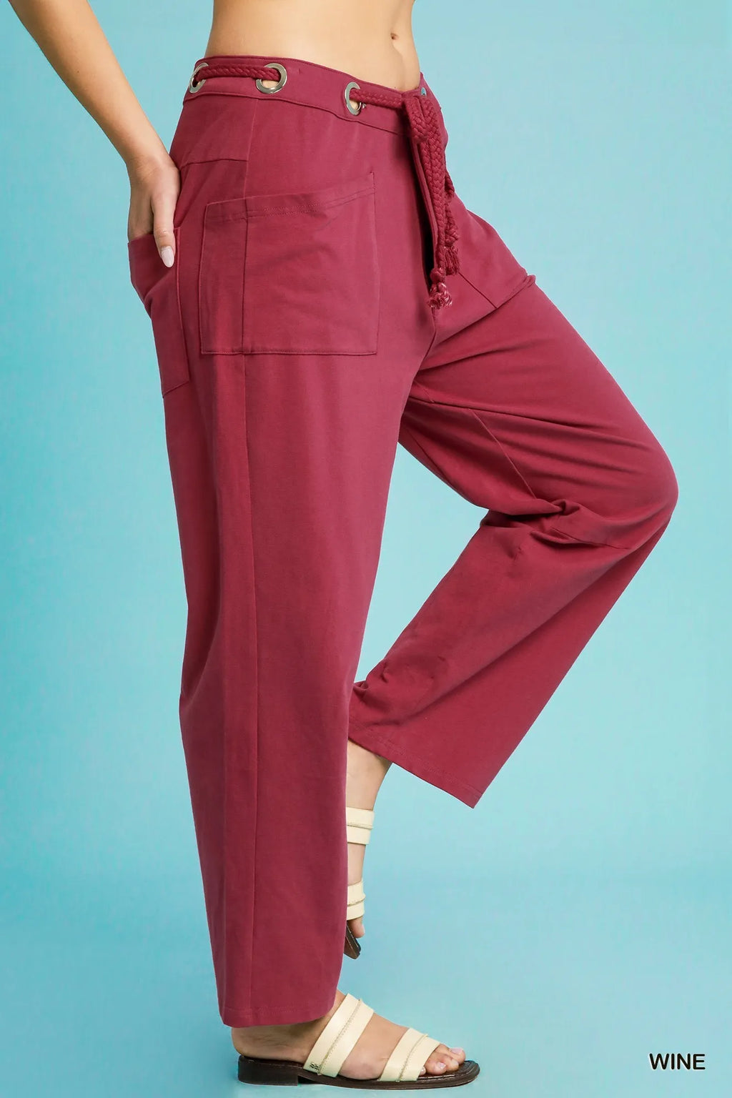 Umgee Wide Leg Cotton Pants Wine Red Drawstring Casual Pocketed