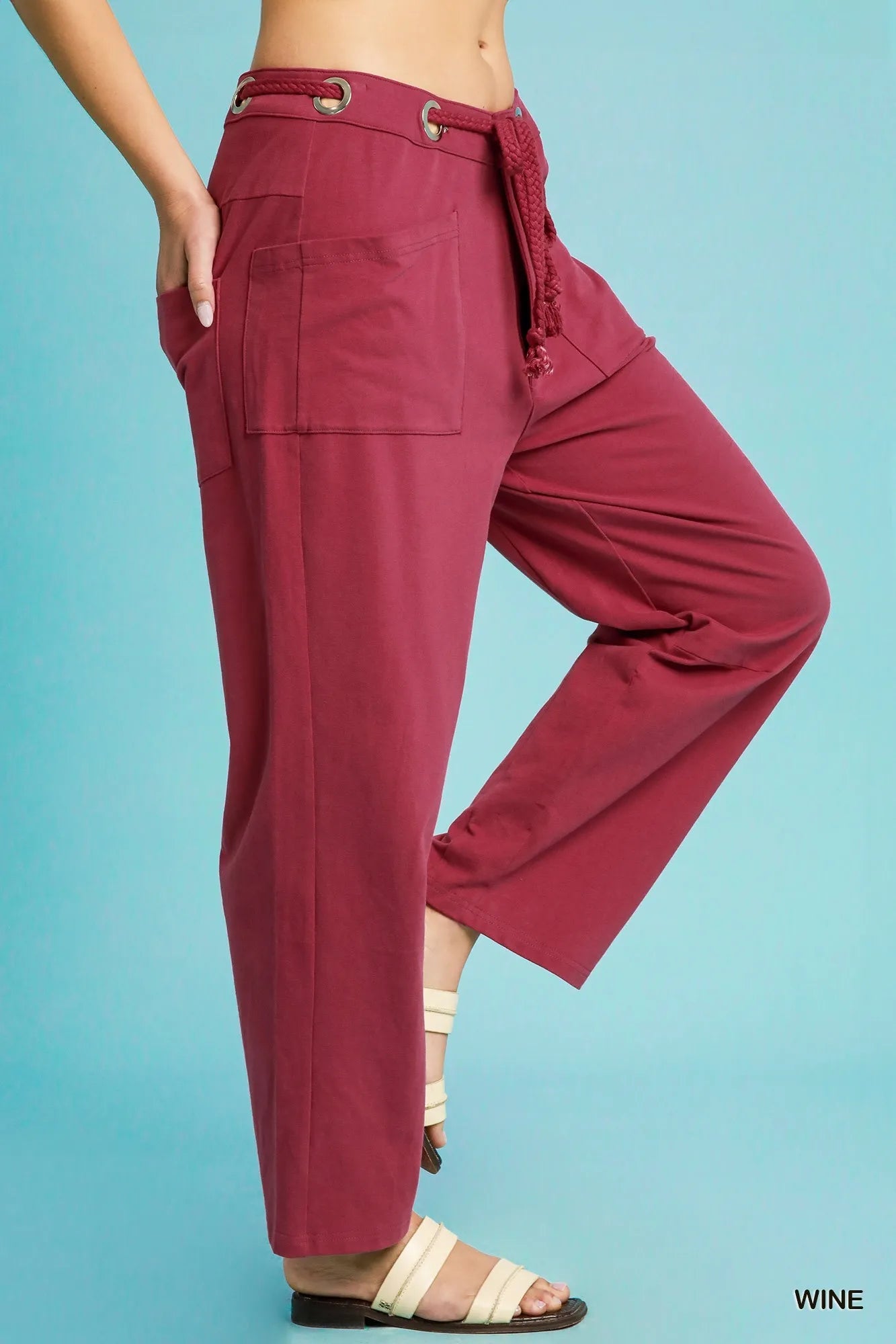 Umgee Wide Leg Cotton Pants Wine Red Drawstring Casual Pocketed