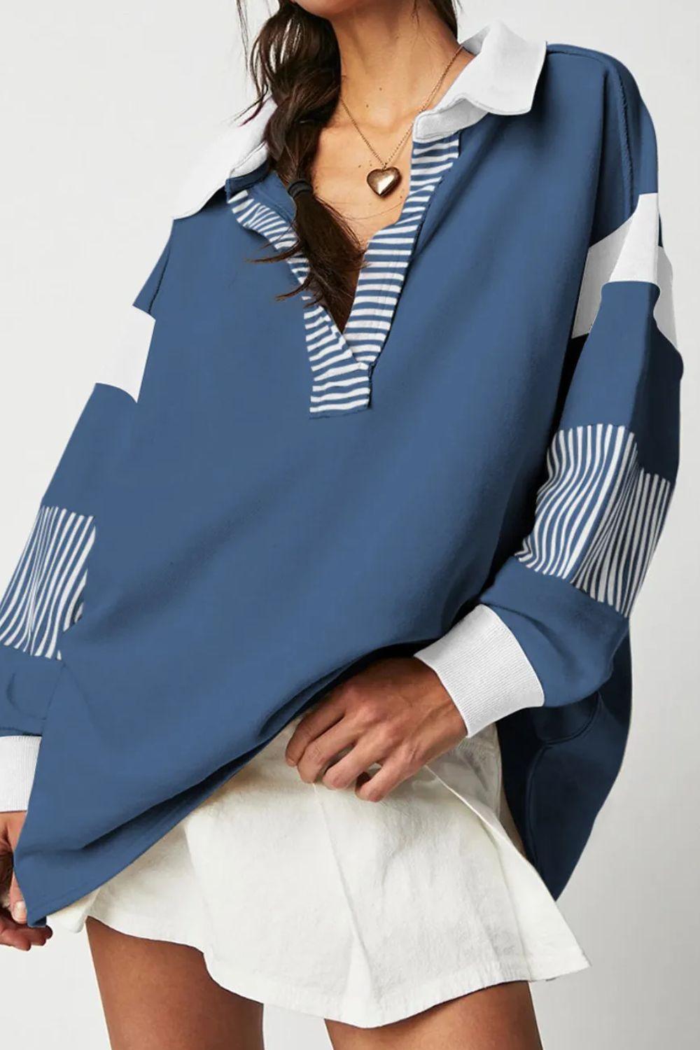 Collared Sweatshirt Striped V Neck Long Sleeve Top French Blue 2XL 03207d6a-c80a-4be5-9542-eecba5d86293-Max_66279a18-567b-4b05-ba40-e1b4ff2bddd6 Trendsi