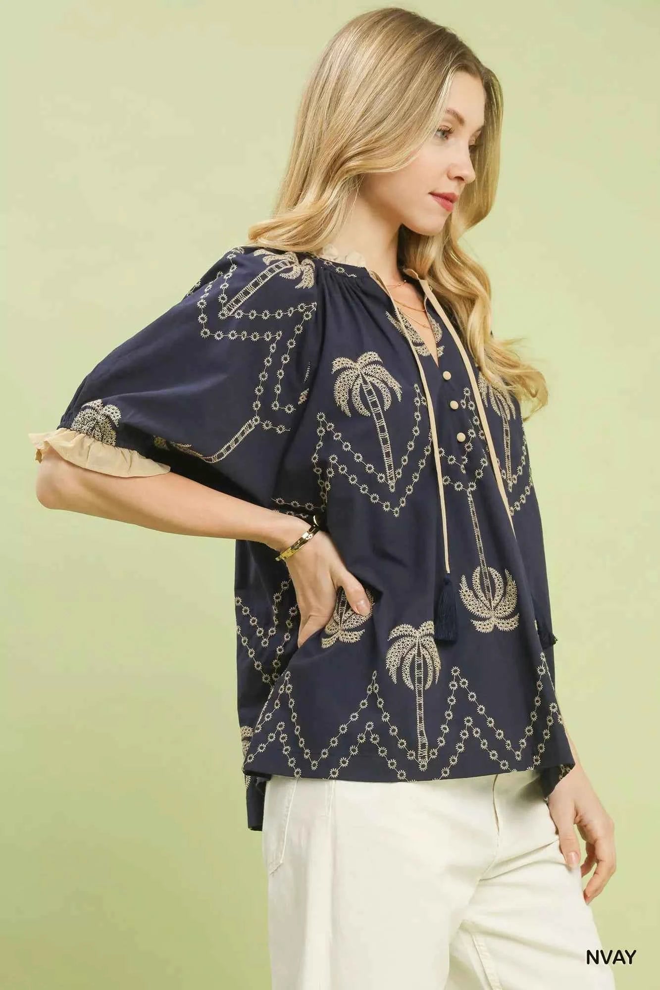 Umgee Blouse Embroidered Palm Print Tassel Tie Navy Short Sleeve Top 033828c9-99fa-4c44-8dac-1035648a5374-Max-Origin Trendsi