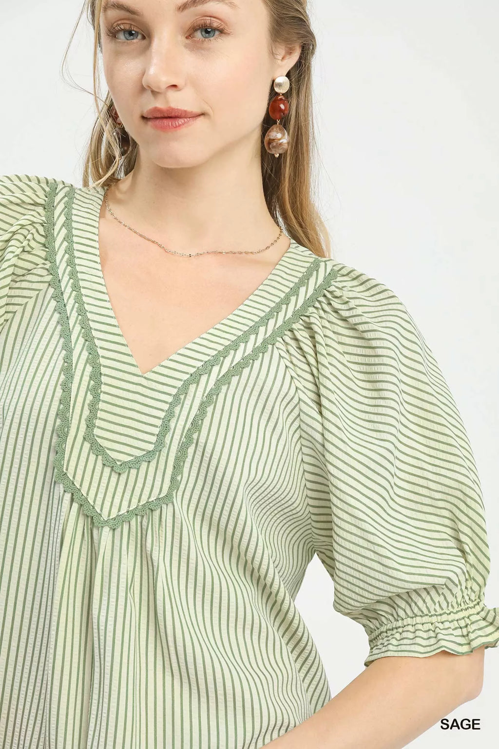 Umgee Blouse Sage Green Stripe V-Neck Short Puff Sleeve Top 033bbe39-4498-44f8-a0dd-6ddbd9f5f0ff-Max-Origin Trendsi