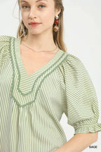 Umgee Blouse Sage Green Stripe V-Neck Short Puff Sleeve Top 033bbe39-4498-44f8-a0dd-6ddbd9f5f0ff-Max-Origin Trendsi