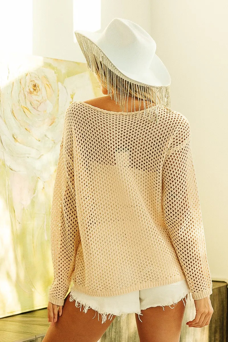 BiBi Top Open Knit Cover Up Sequin American Flag Patch Oatmeal 033e03f064b34fd985e84b7831278d3d-Max-Origin Trendsi