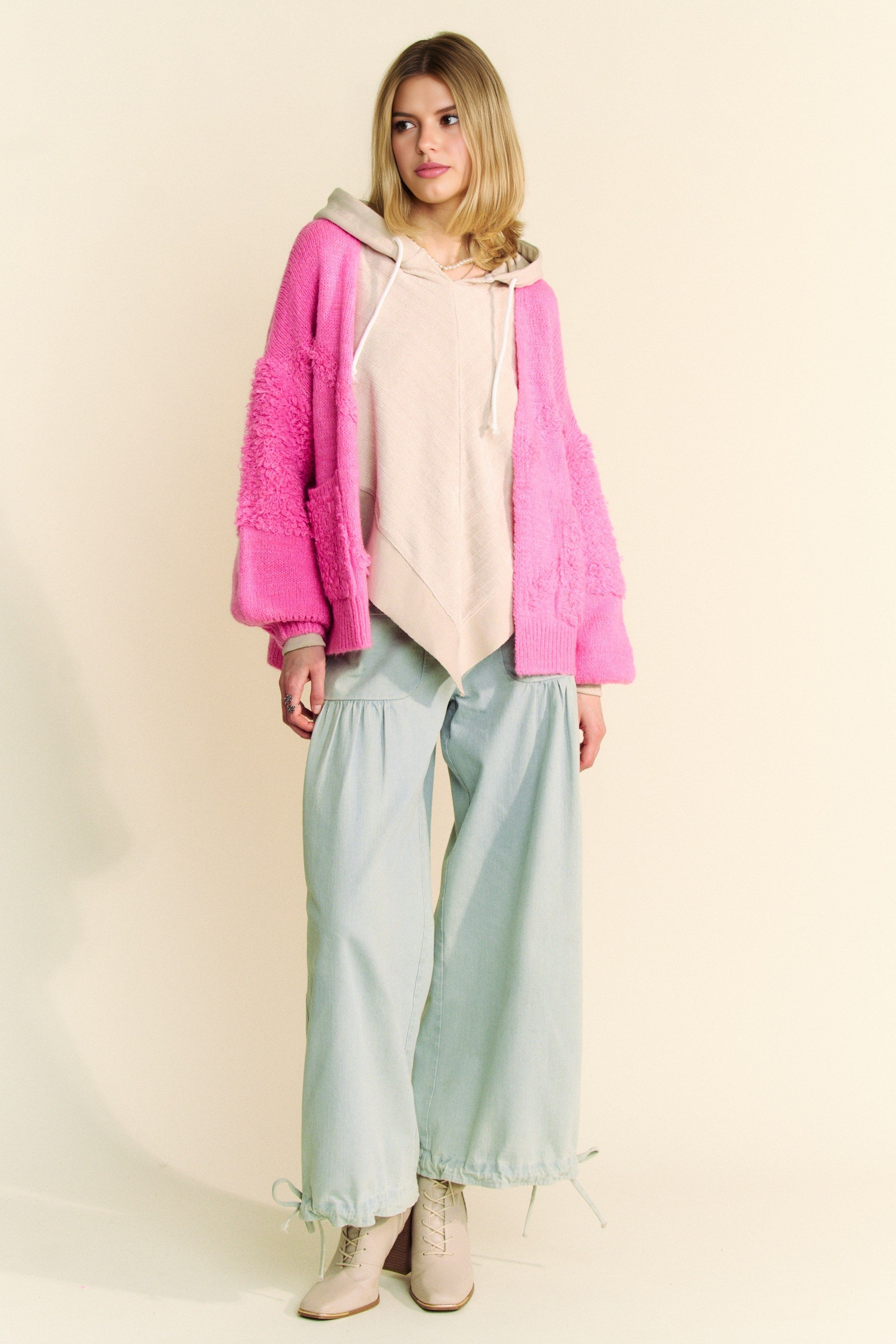 Davi & Dani USA Pink Cardigan Woolen Blend Side Slit Open Front Long Sleeve 033ec4c2-3ed6-401d-bab7-134aed4ca276-Max Trendsi