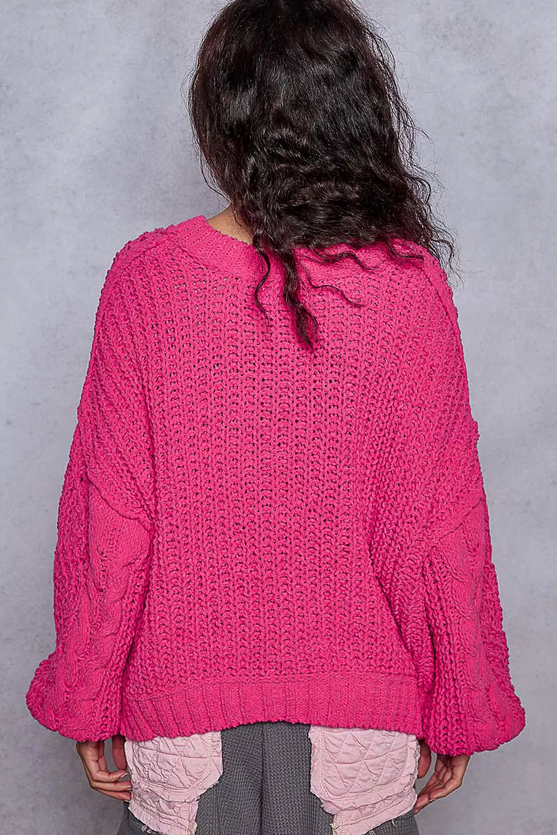 POL Womens Sweater Fuchsia Cable-Knit Solid V-Neck Cropped Oversized 03416c89-7666-4941-8e2c-4bd1c5e71923-Max-Origin Trendsi