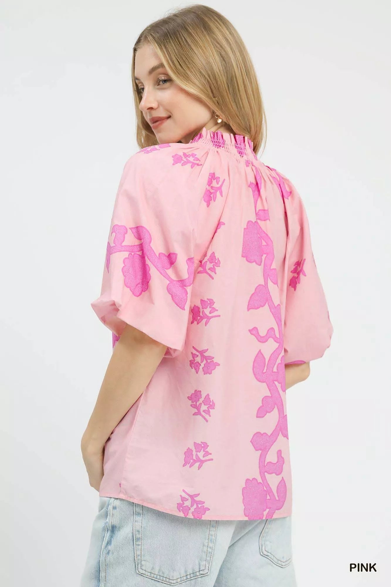 Umgee Womens Blouse Pink Floral Smocked Notched Puff Short Sleeve Top 034b90b6-c309-4e5f-9761-69556033baa0-Max-Origin Trendsi