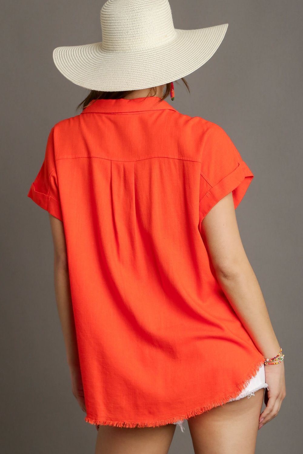 Umgee Shirt Linen Blend Orange Raw Hem Short Folded Sleeve 034bdde7-5b9f-4ad9-b1a3-c8973574d8af-Max Trendsi