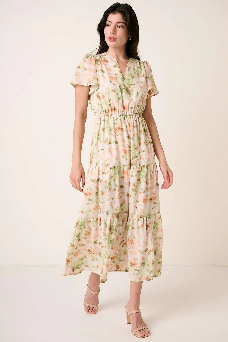 Mittoshop Maxi Dress Flower Print Flutter Sleeve V Slit Smocked SAGE 034f0b7a7b5c40e49660586241665568-Max-Origin Trendsi