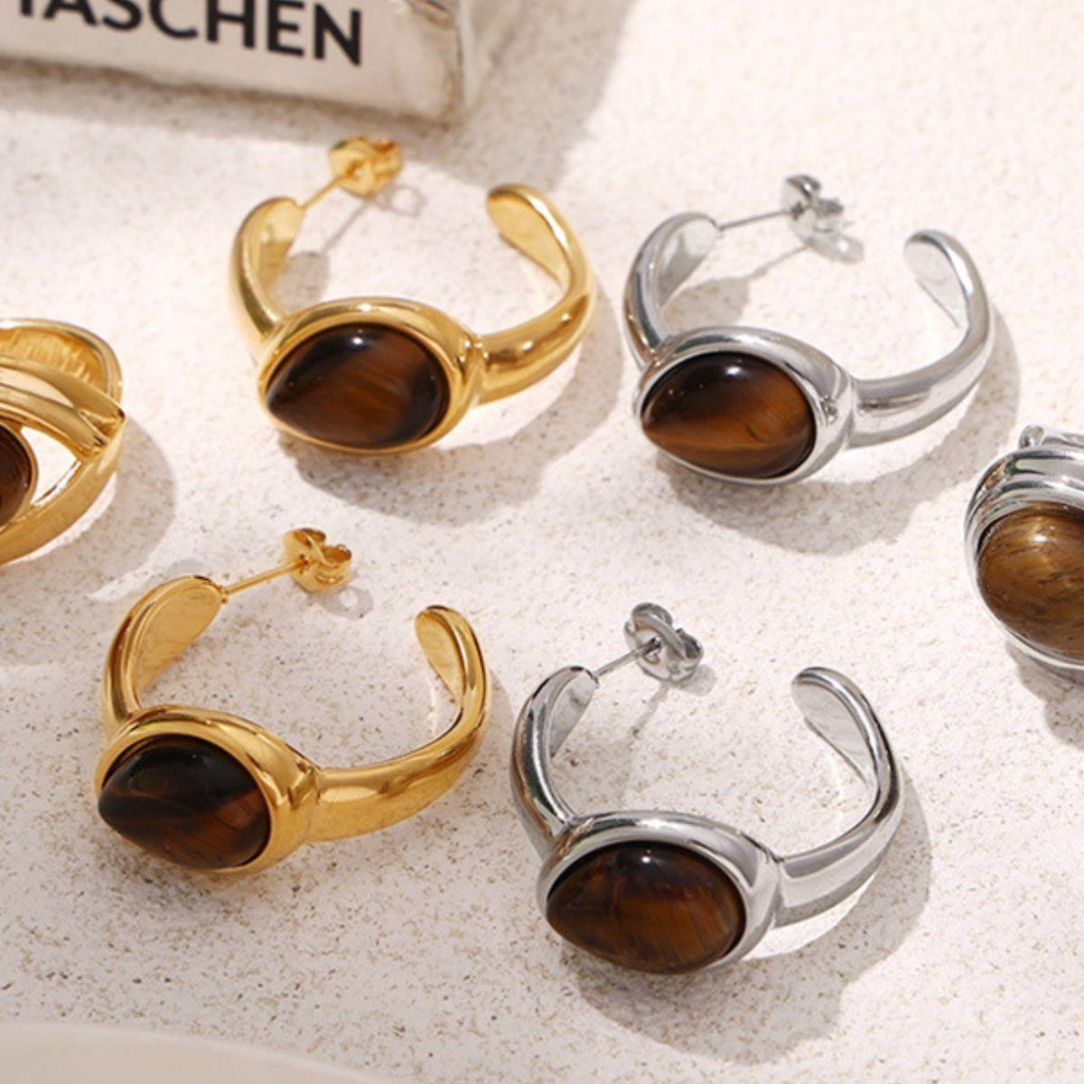 Stainless Steel C-Hoop Earrings Natural Tiger's Eye 03610e3f-6d15-40e9-bb3f-cf260a70e0b5-Max Trendsi