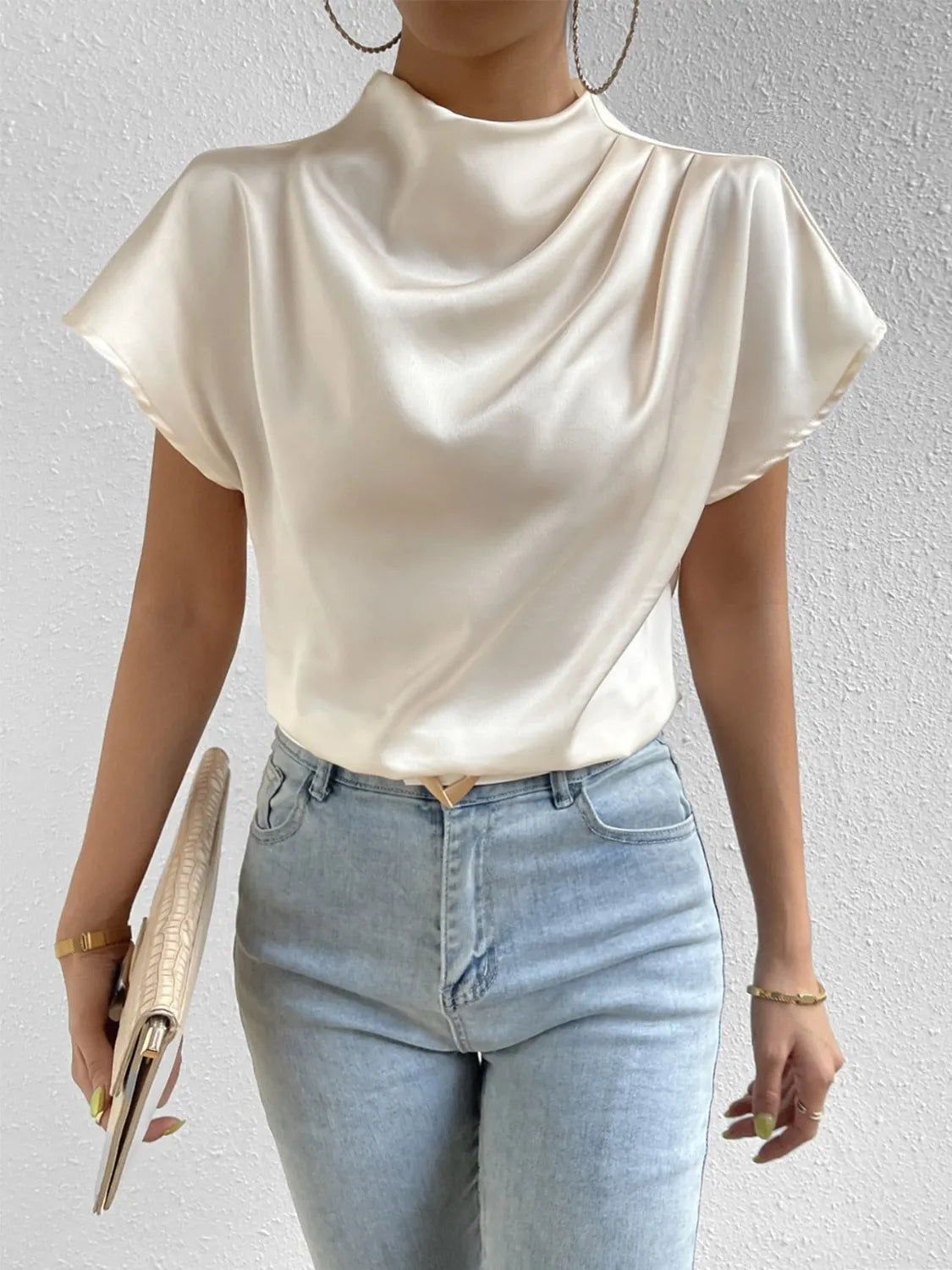 Satin Blouse Mock Neck Pleated Short Sleeve Basic Style Top Ivory 0364fb39-4a6d-42ca-9206-079c2f09b511-Max-Origin Trendsi