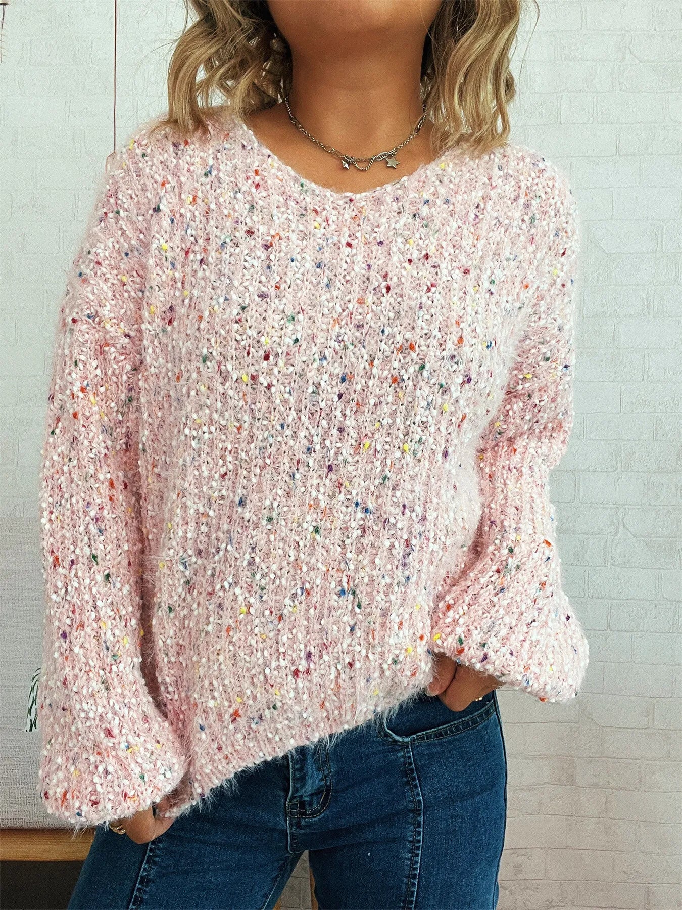 Women's Sweater Colorful Knit Oversized Long Sleeve Pullover Pink One Size 036c8152464e408babb7c65fa8106edc-Max-Origin Trendsi