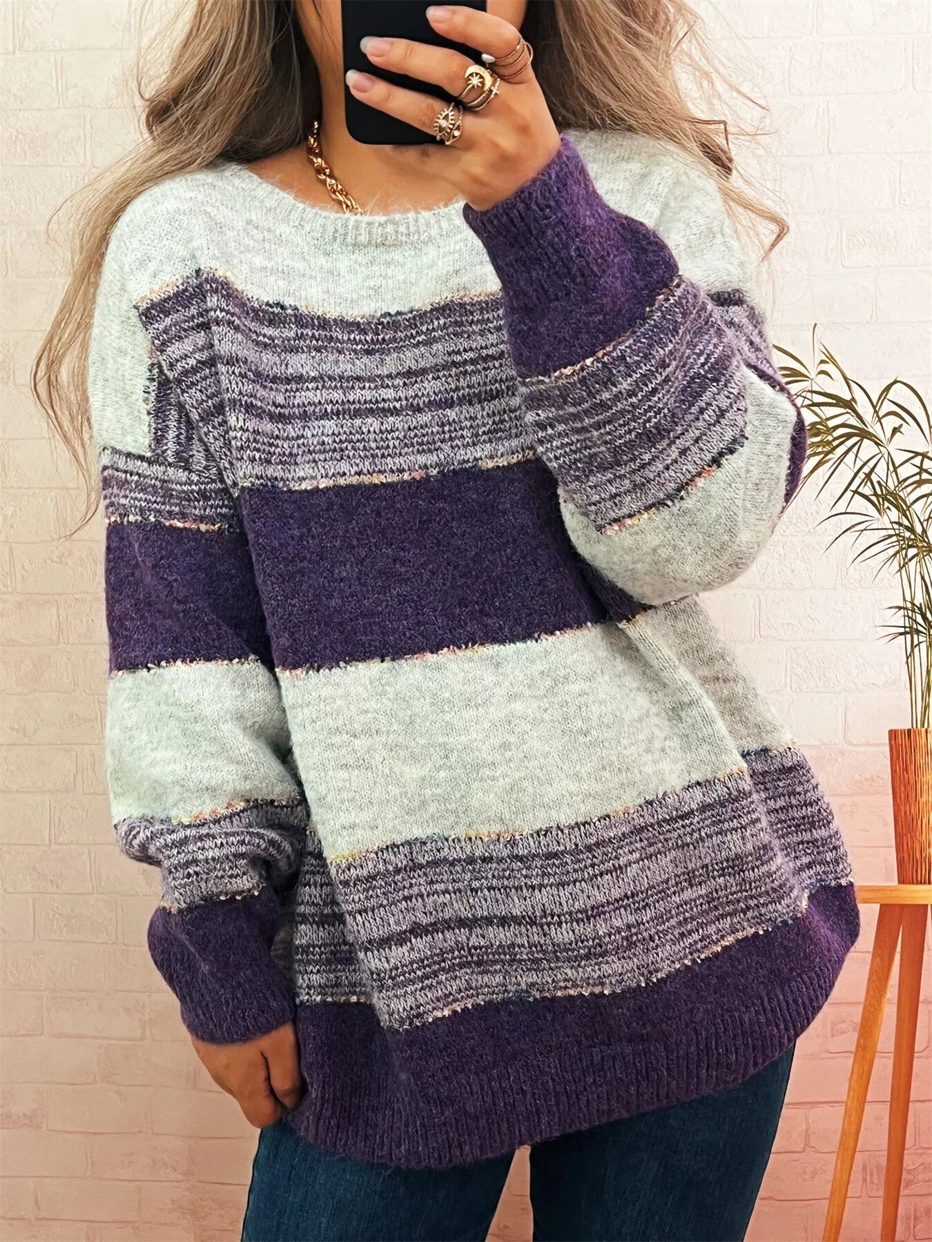 Women's Sweater Color Block Stripe Dropped Shoulder Knit Pullover 037bd5759823450497b18256e2ccaf73-Max-Origin Trendsi