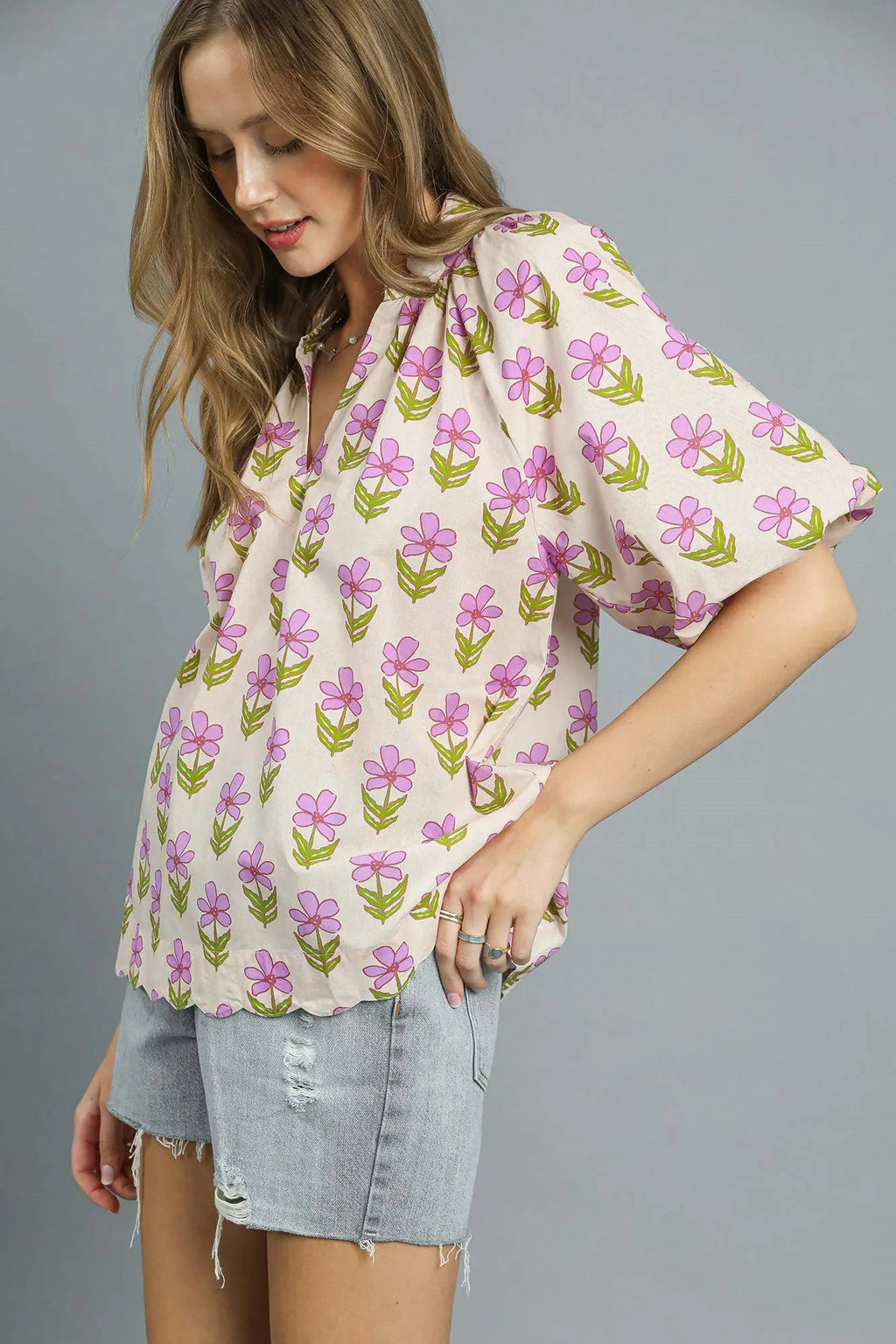Umgee Blouse Floral Pink Purple Print Puff Short Sleeve Ruched Top 037e803d-dcc5-4a4a-a51e-5185c20d592b-Max-Origin Trendsi