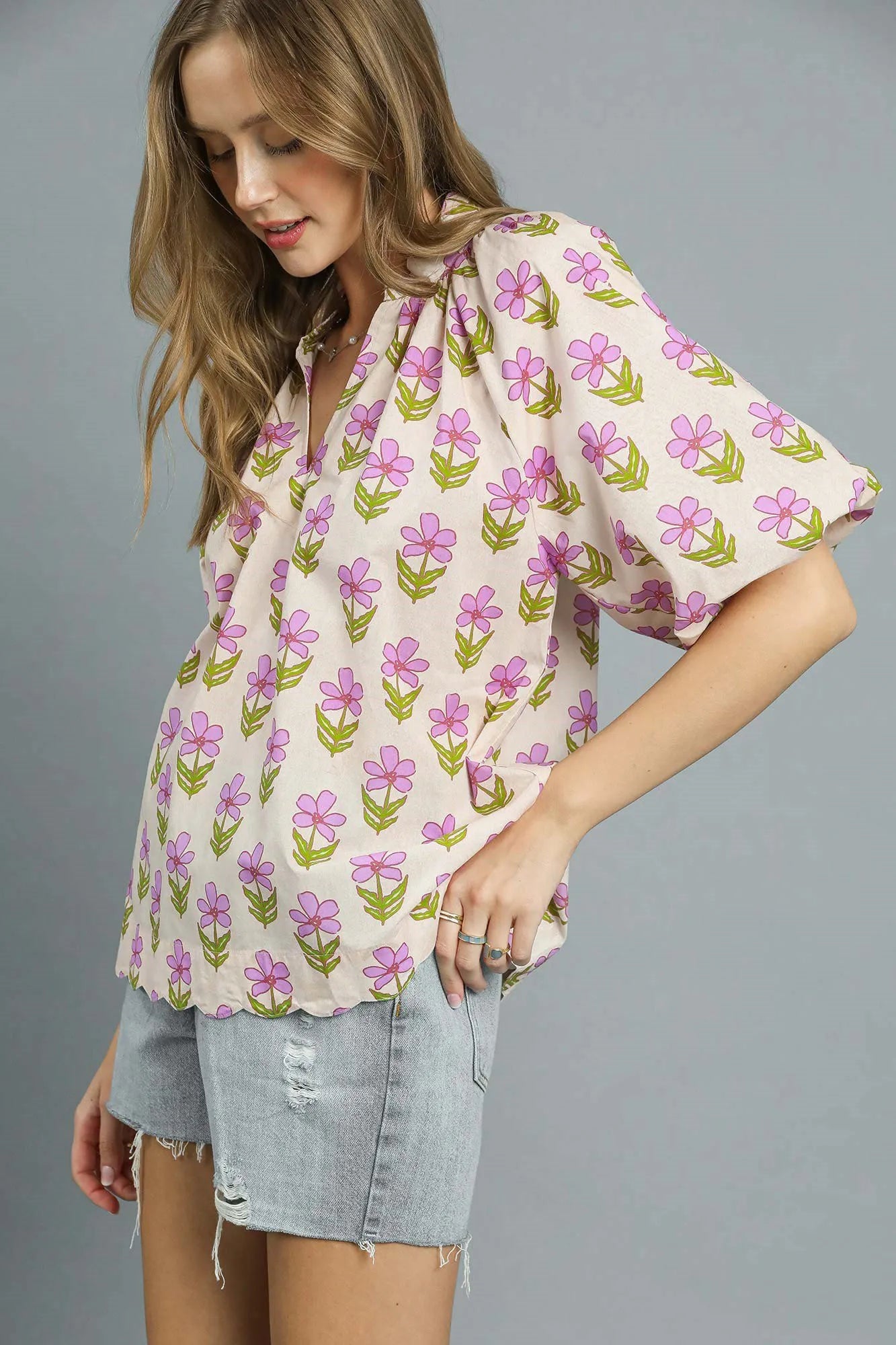 Umgee Blouse Floral Pink Purple Print Puff Short Sleeve Ruched Top 037e803d-dcc5-4a4a-a51e-5185c20d592b-Max-Origin Trendsi