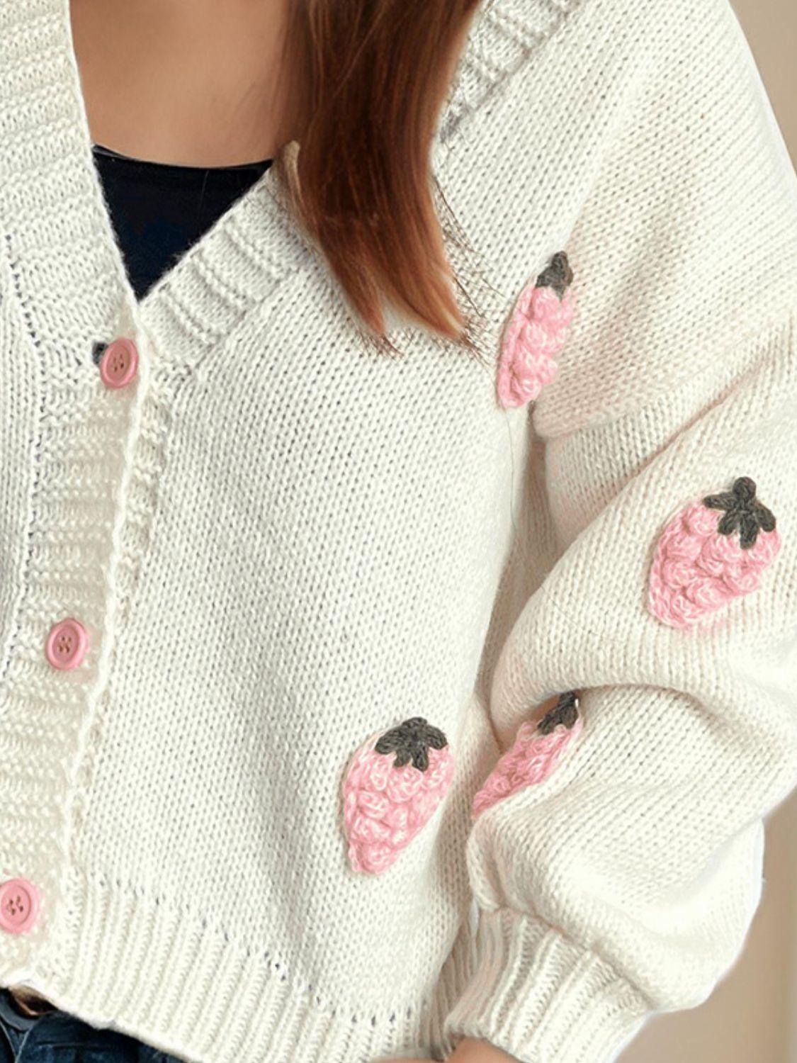 Crochet Cardigan Strawberry Embroidery V-Neck Long Sleeve Knitwear 038242ed-a91e-4025-9d60-8d5f081e7d26-Max Trendsi