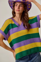 SO ME Women Sweater Purple Mix Mardi Gras Loose Fit V Neck Stripe Top 03875fb6a3f647c9b8c3aa2ac81da086-Max-Origin Trendsi