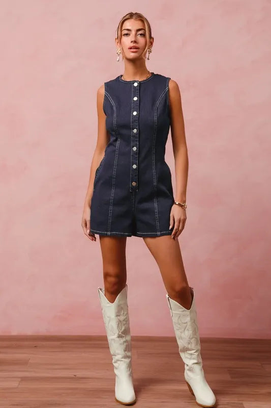 SO ME Denim Romper Button Up Front Dark Washed Sleeveless Jumpsuit 0389831eb0d84c218910809fcdced80a-Max-Origin Trendsi